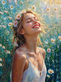 A girl with a smile among the flowers